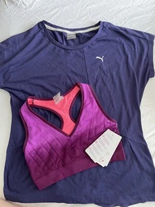 Purple Yoga Sports Workout Bra Crop Top Gym Stretch New + Puma Tshirt Sz M - Picture 1 of 8