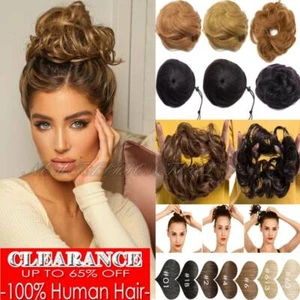 Real 100% Remy Human Hair Scrunchie Clip on Bun Extension Black Brown Blonde US - Picture 1 of 38