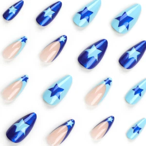 24xFrench False Nail for Women Blue Edge Star Pattern Sweet Cool Artificial Nail - Picture 1 of 8