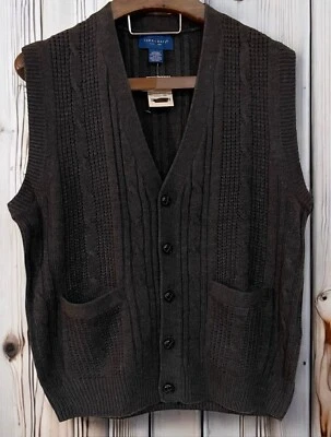 VTG NWT Towncraft Gray Cableknit Sweater Grandpa Y2K Vest Leather Woven Button L - Image 1 of 4