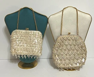 VINTAGE SET OF 2 MISTER ERNEST BEADED SEQUIN SATIN PURSE LOT KISS CLIP HANDBAG - Picture 1 of 14