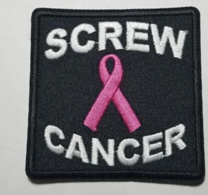 Screw Cancer Awareness Ribbon Embroidered pink Patch approx 2.5x2.5" - Picture 1 of 2