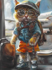 original painting 30 х 40 cm 69PK artwork oil paints modern cat tourist - Picture 1 of 3
