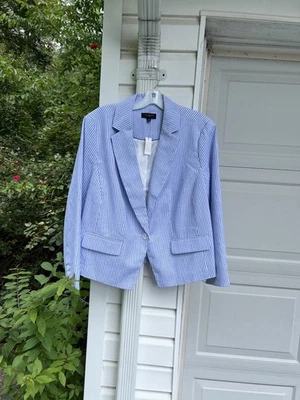 NWT Talbots Pretty Blue White Stripe Lined Linen Long Sleeve Short Blazer 22W - Image 1 of 4