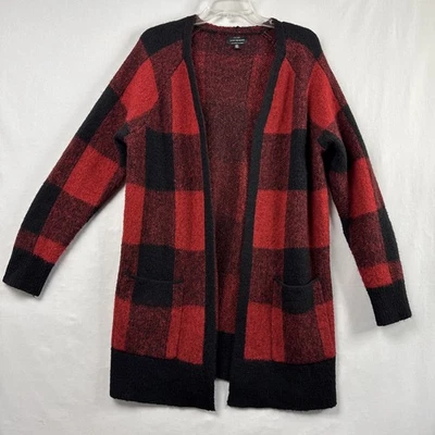 Cárdigan plumero Lucky Brand mezcla de lana mediano cuadros búfalo frente abierto tejido rojo Foto 1 de 4