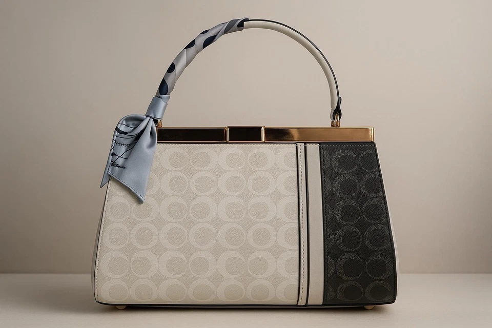 Exklusive Designer-Handtasche mit Muster & Schal – Creme/Schwarz – Neu & elegant - Bild 1 von 1