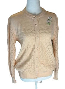 Cárdigan De Colección Hecho en Inglaterra Tejido Rosa/Melocotón Floral Bordado Med Años 70 80 - Imagen 1 de 8