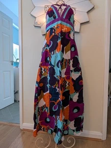Red Herring 14 Halterneck Maxi Dress Used Good Cotton Turquoise/Orange/Purple - Picture 1 of 8