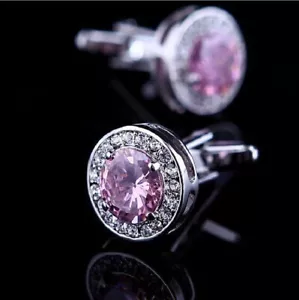 Fancy Cufflinks 2Ct Round Cut Pink Sapphire Lab Created in 14K White Gold Plated - Picture 1 of 5