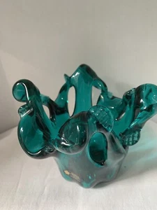 Murano weiß Kristall türkis mundgeblasen Herzstück Schale 4,5" hoch - Bild 1 von 8