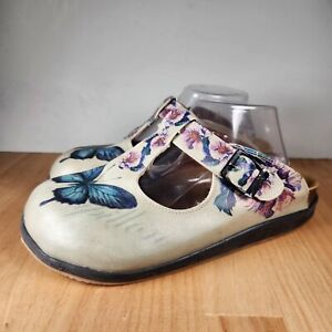 Goby Clogs Women's 40 / 9.5 Beige Blue Leather Floral Butterfly Slip On Shoes