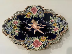 Antique Majolica Pottery Cobalt Oval Angel, Flowers Wall Plate, 13 1/2" x 10 1/2 - Picture 1 of 6