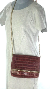 Crossbody Bag Zara Mock Crock Metal Bamboo Burgundy Chain Strap Flap Over Purse - Picture 1 of 12