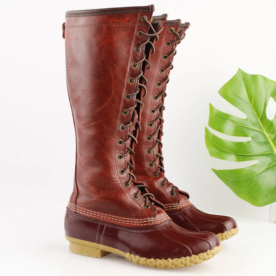 Bota LL Bean EE. UU. Mujer Talla 7 Alta Cuero Rojo Piel de Oveja Forrada Con Cordones 16" Foto 1 de 4