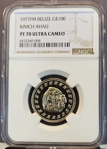 1977 BELIZE GOLD 100 DOLLARS G$100 KINICH AHAU NGC PF 70 ULTRA CAMEO RARE - Picture 1 of 3