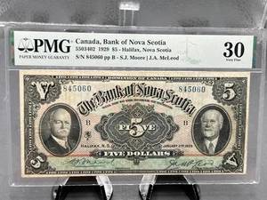 1929 Bank of Nova Scotia $5 Bank Note Graded PMG VF-30 SN 845060 - Picture 1 of 5