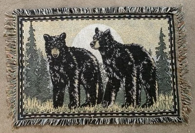 Tapiz de pared de algodón tejido a mano osos negros 32”x 21,5” incluye flecos anudados Foto 1 de 4