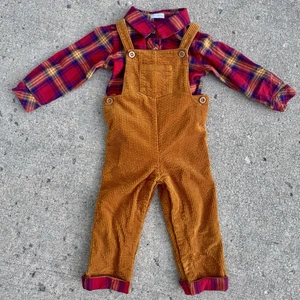 Completo tuta in velluto a coste ragazzo Tahari set autunno camicia in flanella a quadri taglia 24 mesi - Foto 1 di 12