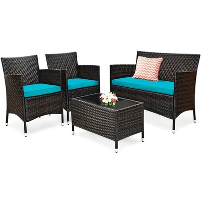 Juego de 4 muebles de patio de ratán Patiojoy sofá silla acolchada con mesa turquesa Foto 1 de 4