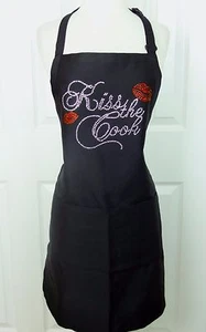 Apron Black One Size Hand Embellished Rhinestone "KISS THE COOK" With Red Lips - Picture 1 of 3