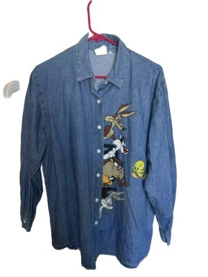 Camisa jeans vintage anos 90 Jerry Leigh Looney Tunes estampada em tela tamanho grande - Imagem 1 de 4