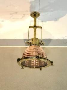 Ceiling Mount Vintage Solid Brass & Copper Nautical Ship Pendant Light Fixture - Picture 1 of 10