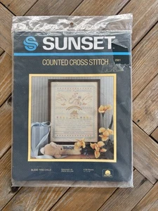 Kit punto croce contato al tramonto per bambino "Benedici questo bambino" 11" x 14" nuovo sigillato - Foto 1 di 6
