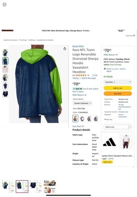 Двусторонняя подкладка для толстовки с капюшоном Seattle Seahawks FOCO NFL OSFA🔥🔥 - Изображение 1 из 3