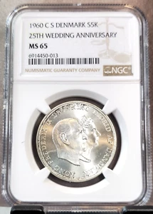 1960 DENMARK SILVER 5 KRONER FREDERIK IX & INGRID NGC MS 65 BEAUTIFUL GEM BU - Picture 1 of 3