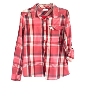 COLUMBIA Wm's L Omni-Shade Nylon Shirt Quick Dry Pink Plaid Vented Hike Outdoors - Picture 1 of 12