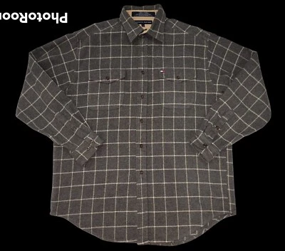 Camisa Tommy Hilfiger Para Hombres Grande Franela a Cuadros Botones Solapa Bolsillos Logo Gris Foto 1 de 4