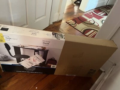 Mainstays Small Space Writing Desk with 2 Shelves, True Black Oak Finish NEW - Image 1 of 4