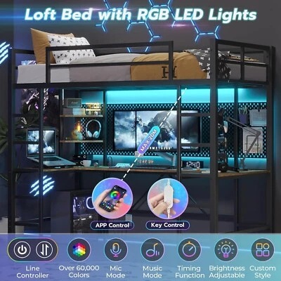 LED Loft Bed Frame Twin Size with Desk,Charging Station,Shelves,Ladder, Black - Image 1 of 4