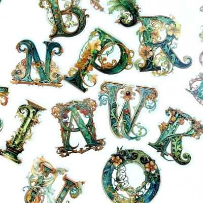 Baroque Calligraphy Alphabet Letter Stickers Green Scrapbooking Journaling - Image 1 of 3