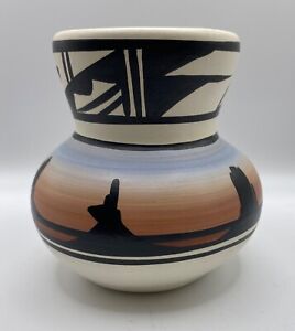 4.5 in Southwest Hand-painted Signed Silhouette Pottery Bud Vase