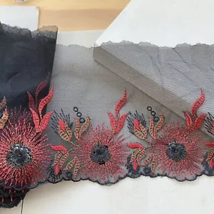 Black Sequins Embroidered Lace Trim/Black Tulle Base/Sewing/Craft/Bridal/6" Wide - Picture 1 of 18