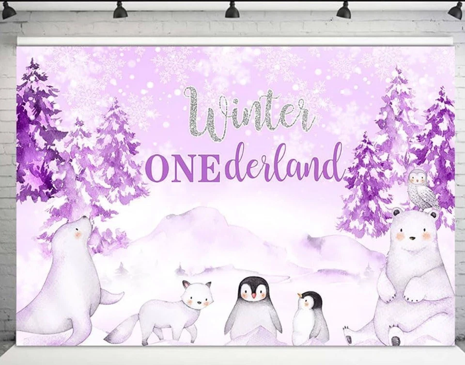 Фон зимний Onederland MEHOFOND 7x5 футов 1-й день рождения для девочки животные фиолетовый - Изображение 1 из 1