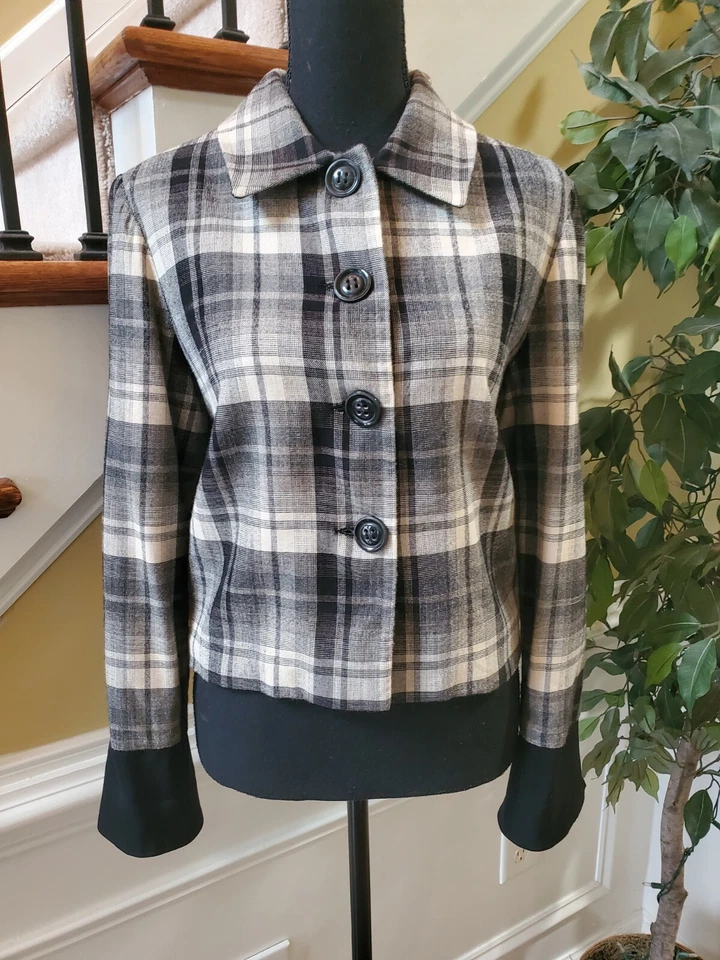 Chaqueta a cuadros Thalian para mujer tostada y negra con puños rojos talla 10  Foto 1 de 4