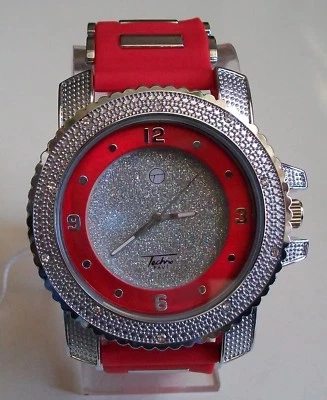 Men's Techno Pave Silver & Red Silicon Band Fashion Dressy Casual Hip Hop Watch - Image 1 of 4