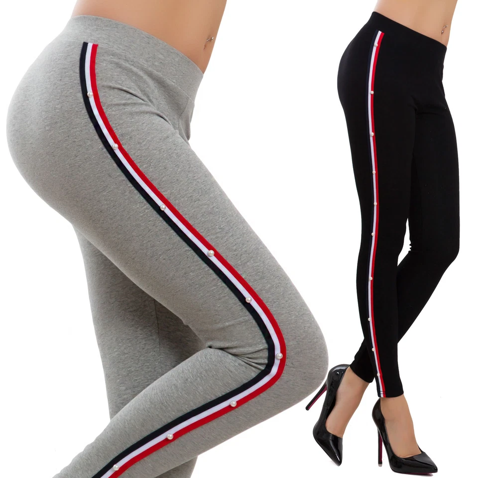 Femme Leggings Élastique Moulant à Rayures Perles Slim Fitness Pantalon Z217 - Photo 1/1