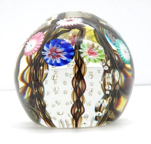 Vtg Hand Blown Art Glass Millefiori Floral Paperweight 3" Round Latticino *CHIP - Picture 1 of 20
