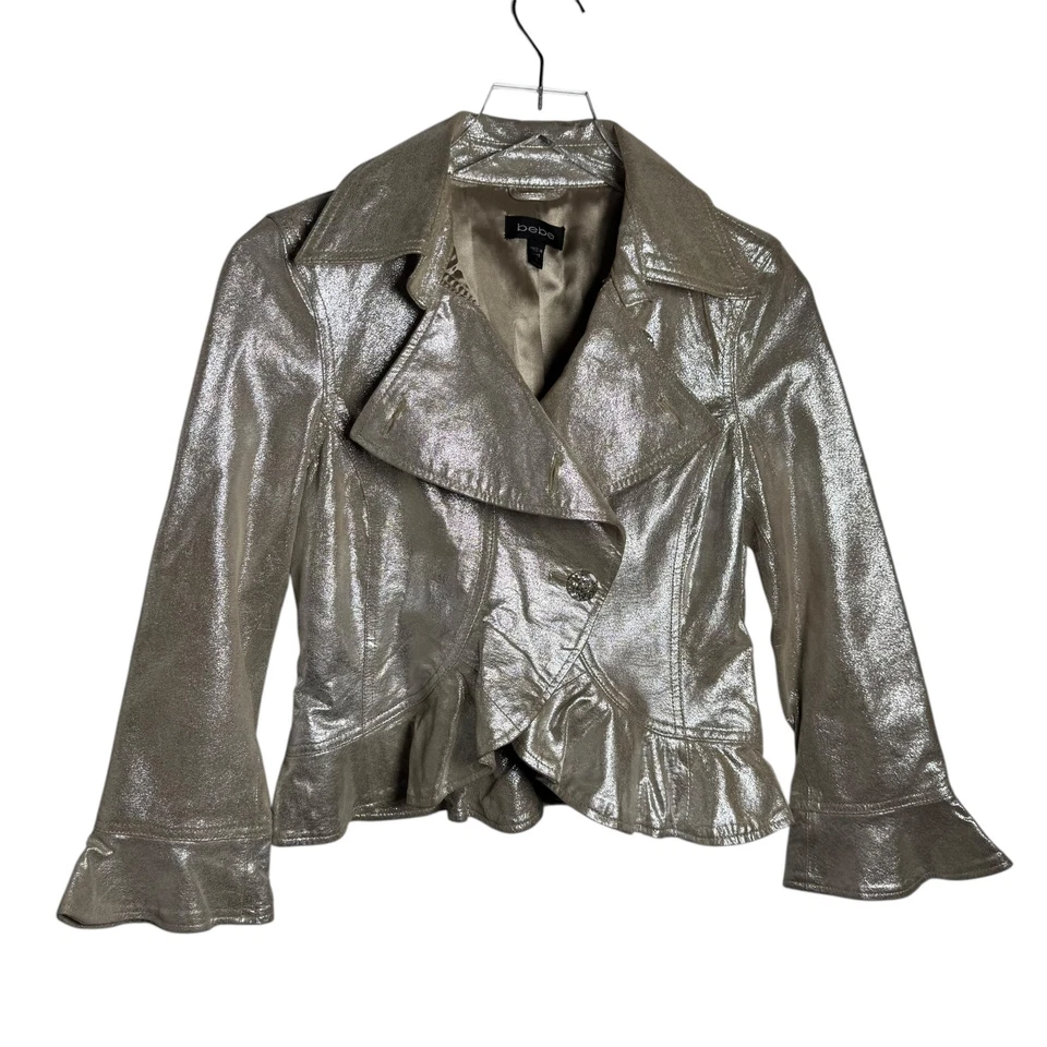 Jaqueta Bebe Feminina Tamanho Pequeno Vintage Y2K Couro Dourado Claro Peplum Bainha de Babado - Imagem 1 de 4