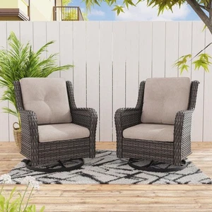Wicker Outdoor Patio Swivel Rocking Chair With Beige Cushions (2-Pack) - Picture 1 of 7