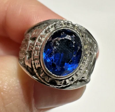 Anillo J.H.S Ottilia M Beha NY School 1983 plateado probado sello zafiro azul talla 7 Foto 1 de 4