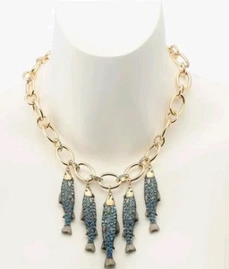 NWT Betsey Johnson MERMAID JEWELS Fish Charm Blue Bib Crystals Necklace-RARE! - Picture 1 of 4