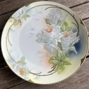 Preußen Royal Rudolstadt Blumenteller weiße Rosen 8,5 cm J Hahn vergoldet Vintage - Bild 1 von 9
