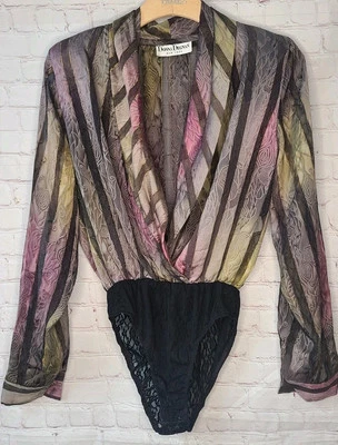 Vtg 80s 90s Donna Degnan Sheer Metallic Bodysuit Blouse Bikini Cut Lace Size 10 - Image 1 of 4