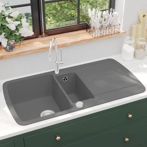 Grey Granite Double Basin Kitchen Sink 960x500x310mm Reversible Design - Picture 1 of 5