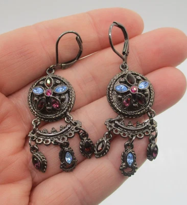 PENDIENTES PERFORADOS ARAÑA JOAN RIVERS con PÚRPURA + CRISTALES AZULES ~ FIRMADOS Foto 1 de 4