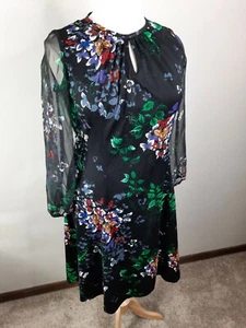 D2S Vtg mod Floral butterfly sheer Sleeve Sheath Aline Flare Midi L / XL Black - Picture 1 of 12